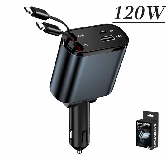 Cargador Auto USB 4 En 1 Con Cables Retractil